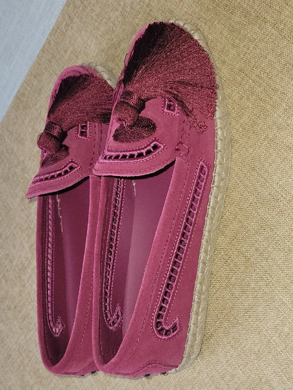 TOD'S Pink Suede Espadrille   Tassel Loafers